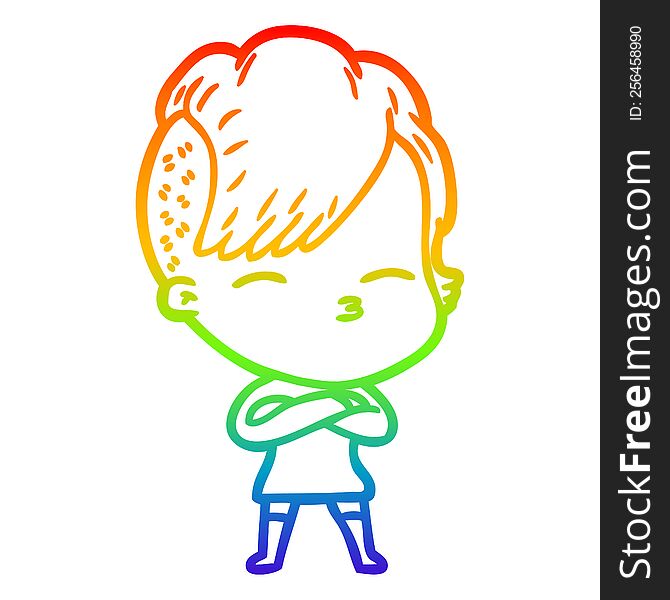 Rainbow Gradient Line Drawing Cartoon Squinting Girl