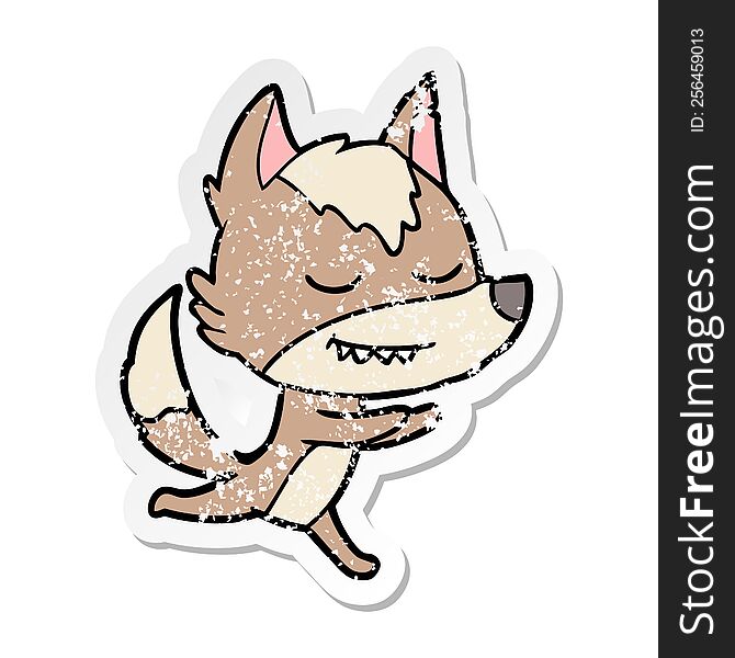 Distressed Sticker Of A Friendly Cartoon Wolf Running