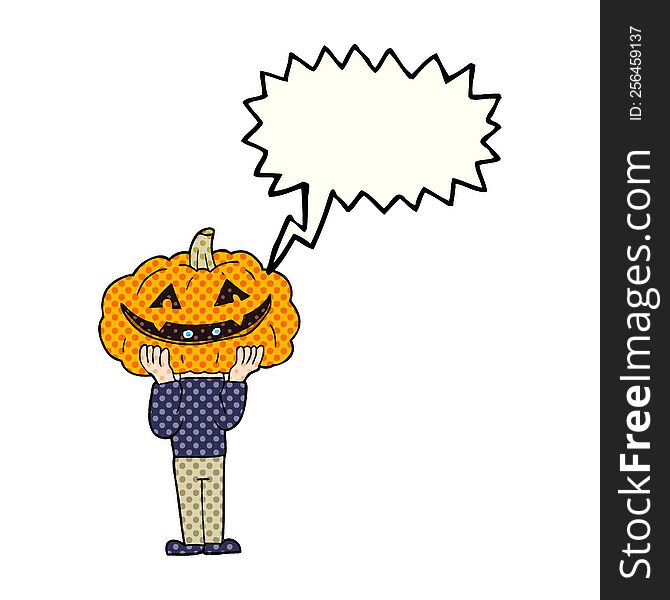 freehand drawn comic book speech bubble cartoon pumpkin head halloween costume