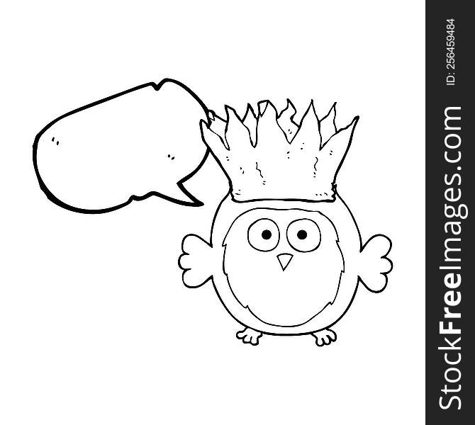 freehand drawn speech bubble cartoon owl wearing paper crown christmas hat