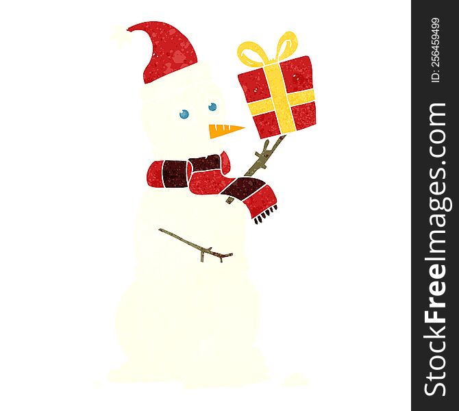freehand retro cartoon snowman holding present