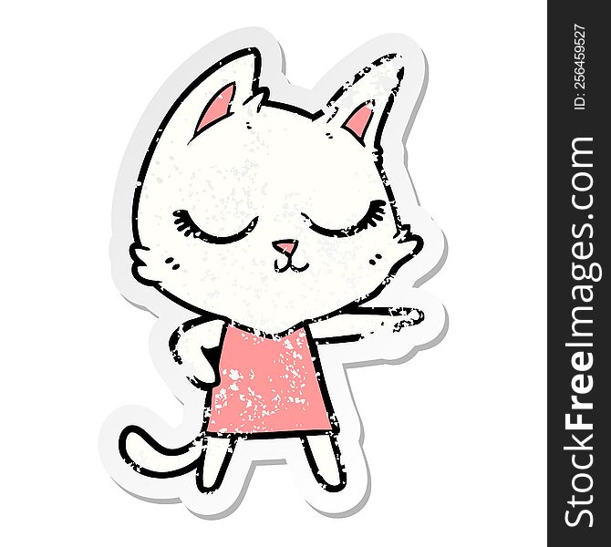 Distressed Sticker Of A Calm Cartoon Cat Girl Pointing