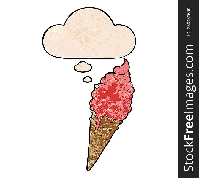 Cartoon Ice Cream And Thought Bubble In Grunge Texture Pattern Style