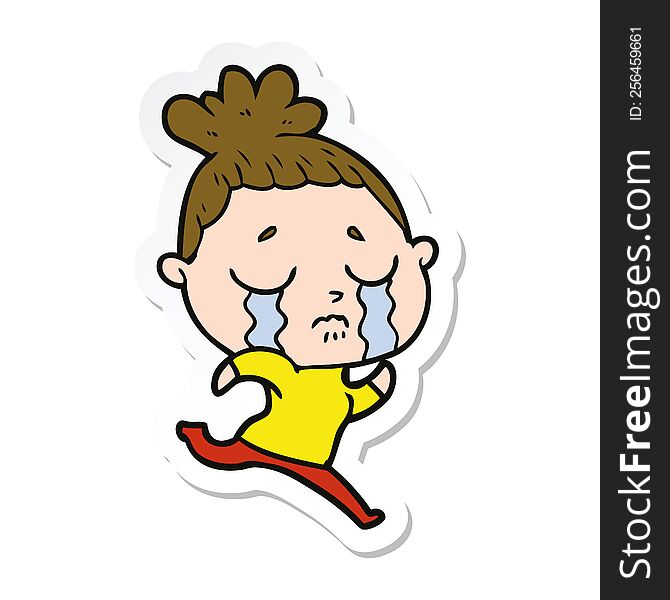 Sticker Of A Cartoon Crying Woman Running Away