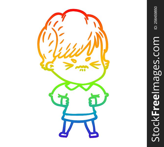 rainbow gradient line drawing of a cartoon frustrated woman