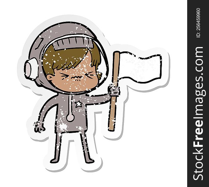 distressed sticker of a angry cartoon space girl waving flag