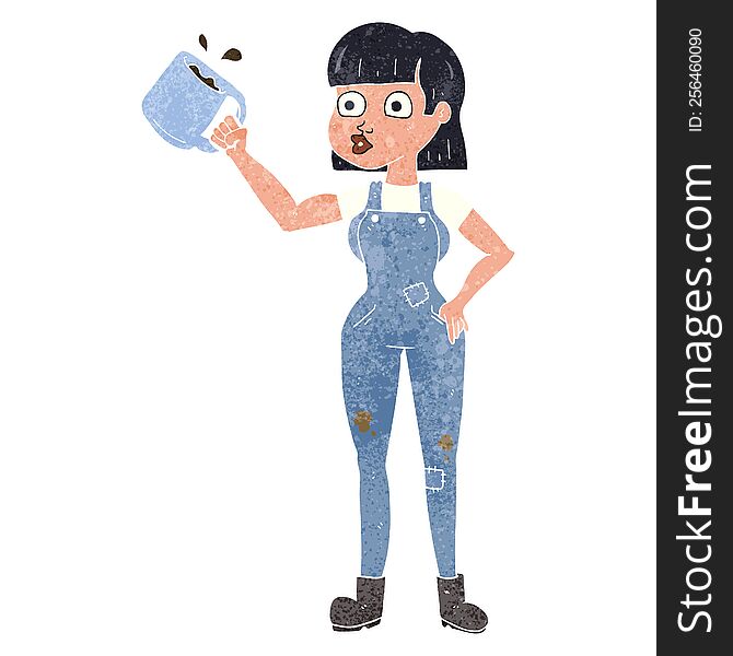 Retro Cartoon Female Worker With Coffee Mug