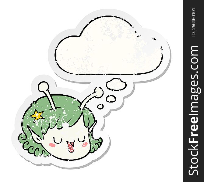 cartoon alien space girl face with thought bubble as a distressed worn sticker