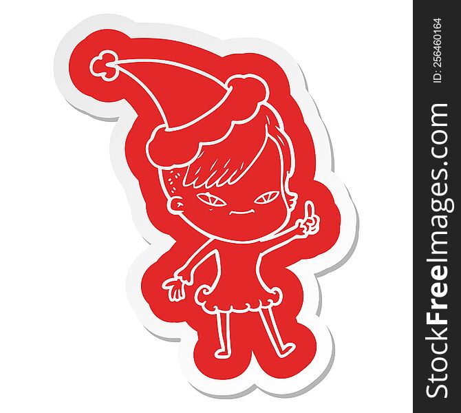 Cute Cartoon  Sticker Of A Girl With Hipster Haircut Wearing Santa Hat