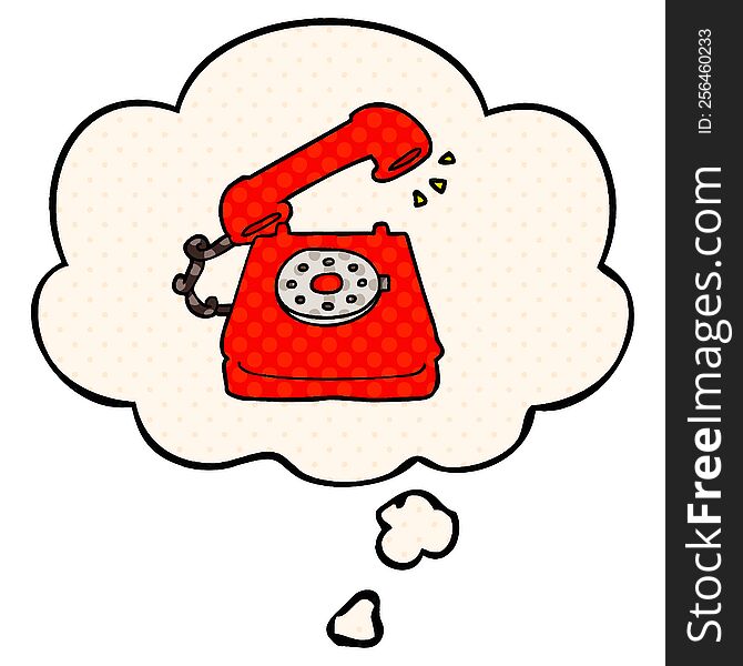 cartoon old telephone with thought bubble in comic book style