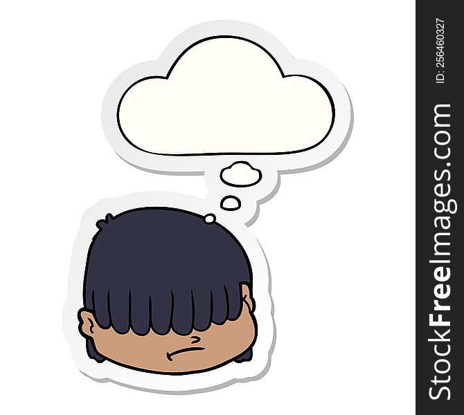 cartoon face with hair over eyes with thought bubble as a printed sticker