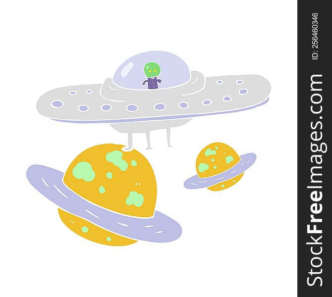 Flat Color Illustration Of A Cartoon Flying Saucer In Space