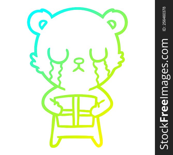 cold gradient line drawing of a crying cartoon bear with present