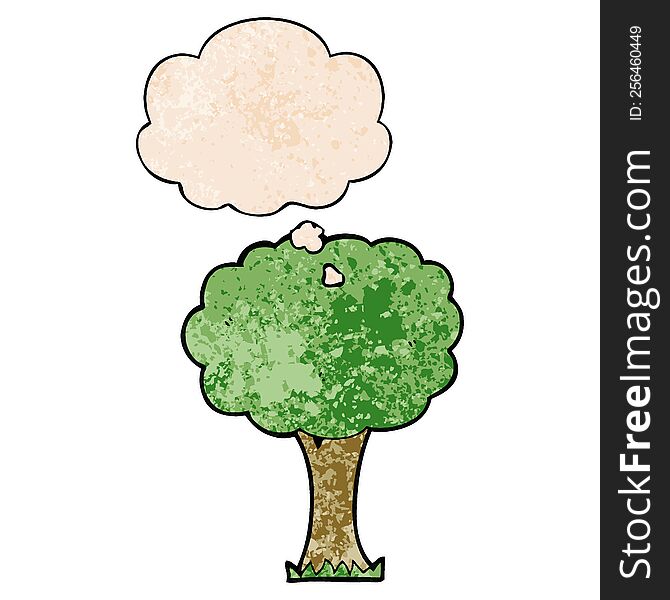 Cartoon Tree And Thought Bubble In Grunge Texture Pattern Style