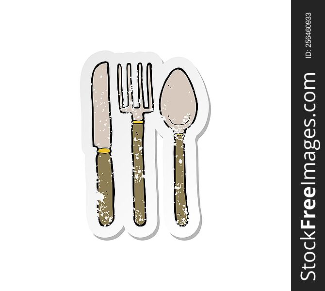 retro distressed sticker of a cartoon knife fork spoon