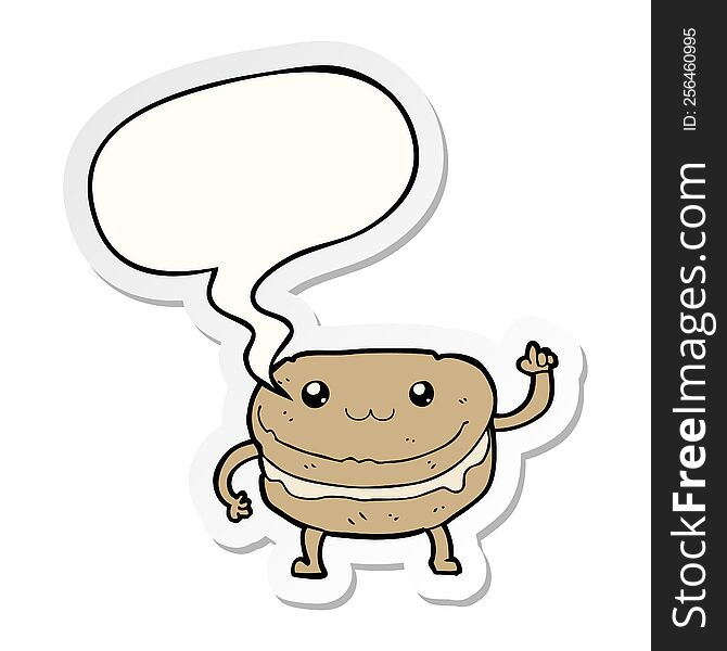 Cartoon Waving Cake Character And Speech Bubble Sticker
