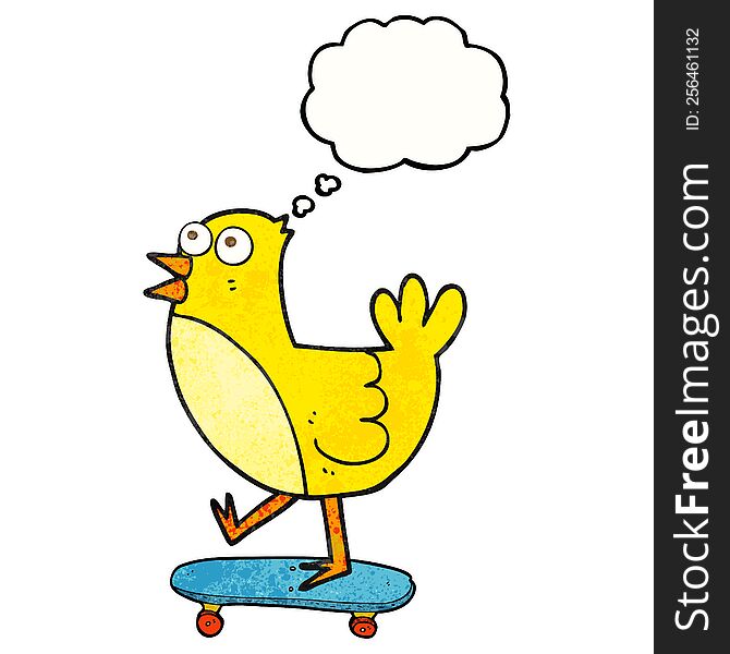 freehand drawn thought bubble textured cartoon bird on skateboard