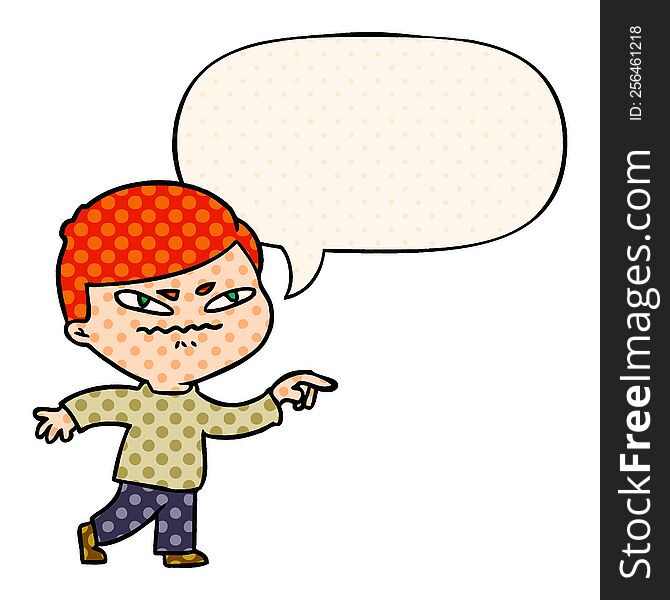 cartoon angry man pointing with speech bubble in comic book style