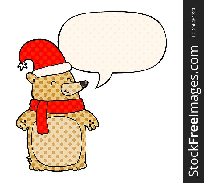 Cartoon Christmas Bear And Speech Bubble In Comic Book Style