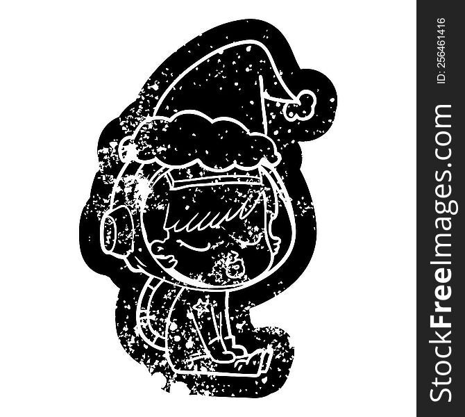 Cartoon Distressed Icon Of A Pretty Astronaut Girl Sitting Waiting Wearing Santa Hat