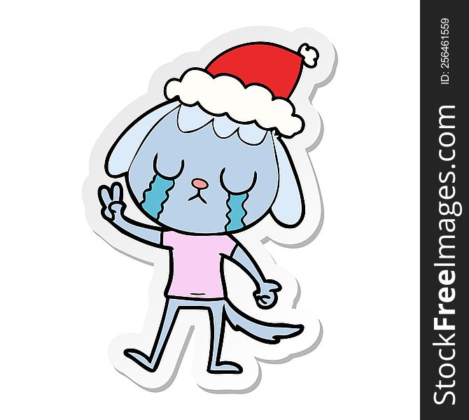 Cute Sticker Cartoon Of A Dog Crying Wearing Santa Hat