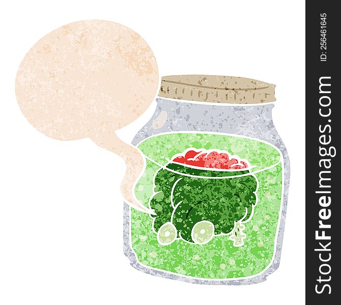 Cartoon Spooky Brain In Jar And Speech Bubble In Retro Textured Style