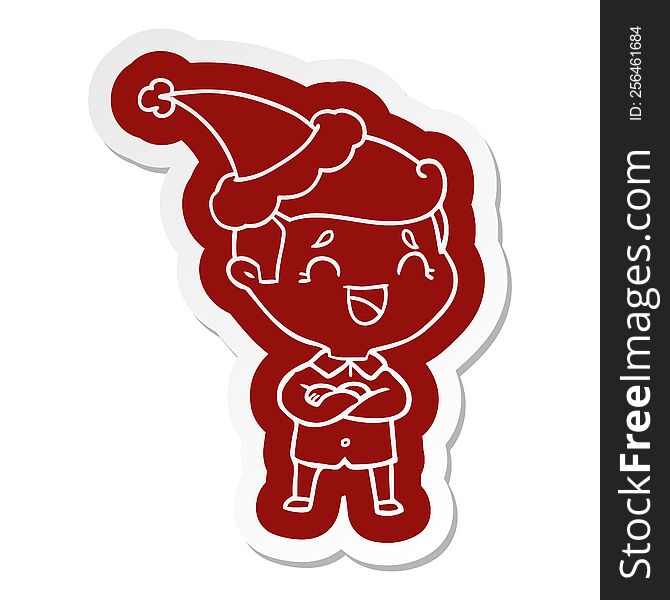 Cartoon  Sticker Of A Laughing Man Wearing Santa Hat