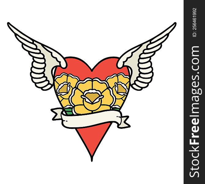 tattoo in traditional style of a heart with wings and banner. tattoo in traditional style of a heart with wings and banner