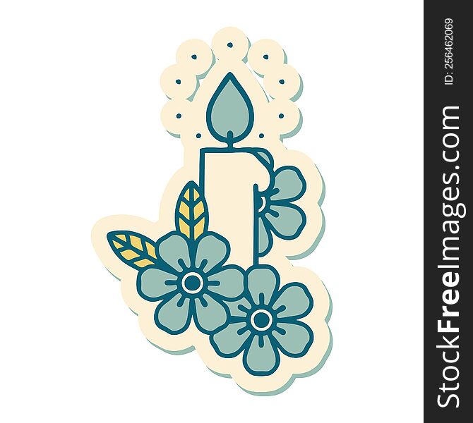 Tattoo Style Sticker Of A Candle And Flowers