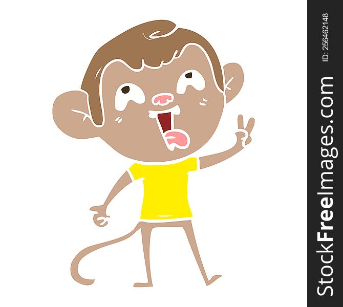 crazy flat color style cartoon monkey giving peace sign