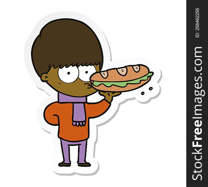sticker of a nervous cartoon boy with sandwich
