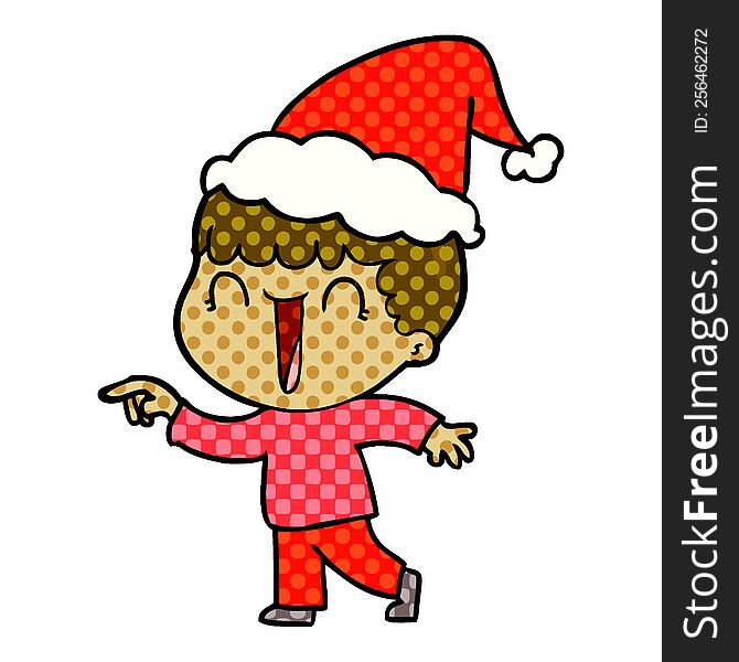 Laughing Comic Book Style Illustration Of A Man Pointing Wearing Santa Hat