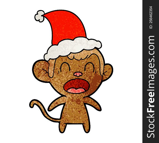 shouting hand drawn textured cartoon of a monkey wearing santa hat. shouting hand drawn textured cartoon of a monkey wearing santa hat