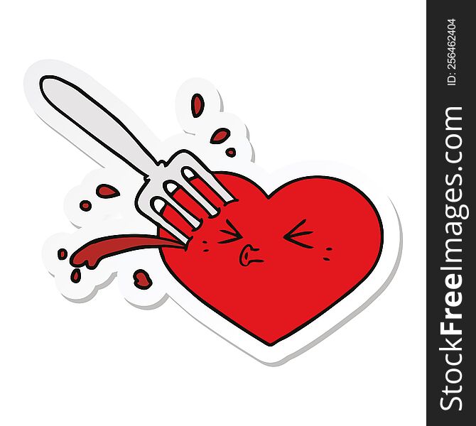 Sticker Of A Cartoon Love Heart Stuck With Fork