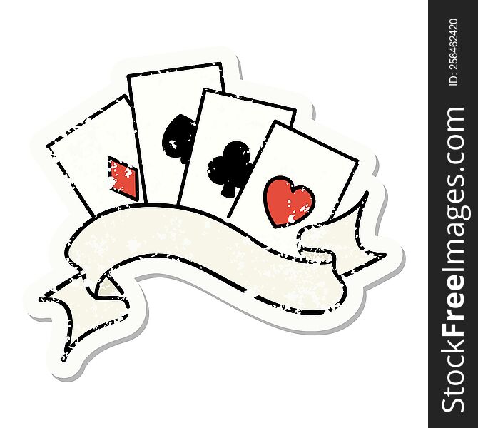 Traditional Distressed Sticker Tattoo Of Cards And Banner