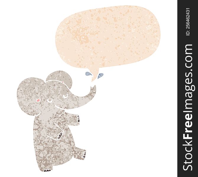 cartoon dancing elephant and speech bubble in retro textured style