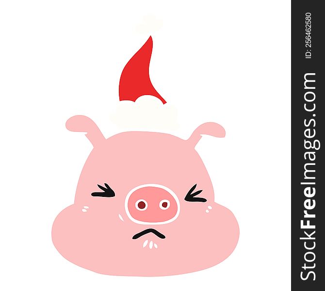 hand drawn flat color illustration of a angry pig face wearing santa hat