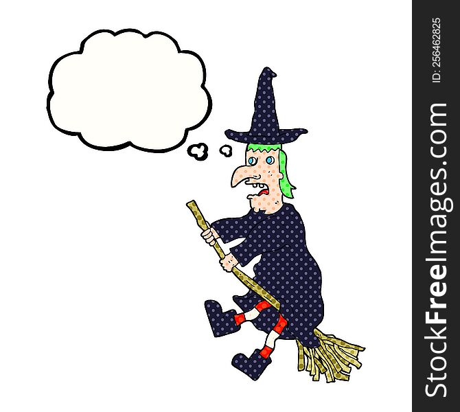 thought bubble cartoon witch flying on broom