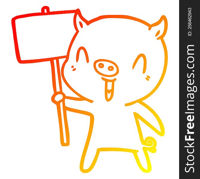 warm gradient line drawing happy cartoon pig with sign post