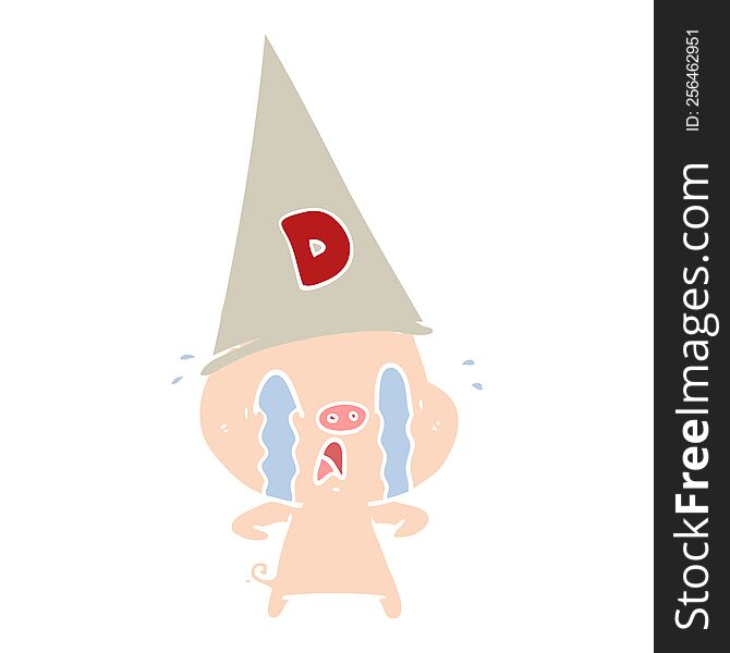 crying pig wearing dunce hat