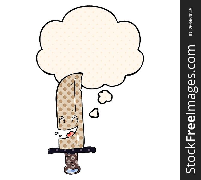 cartoon laughing knife with thought bubble in comic book style