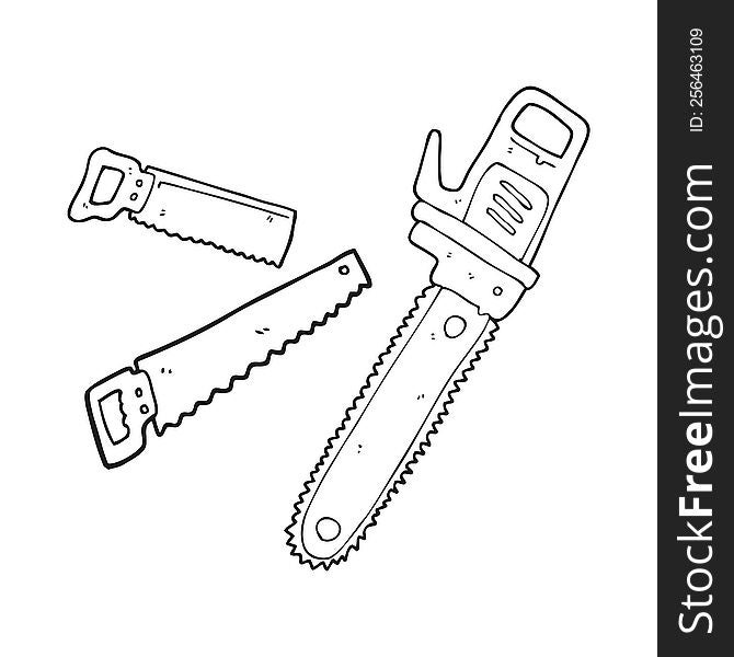 freehand black and white cartoon drawing of saws. freehand black and white cartoon drawing of saws