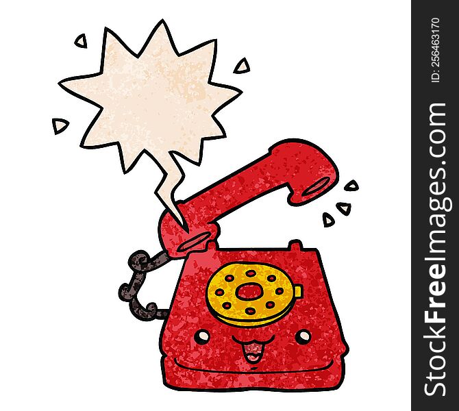 Cute Cartoon Telephone And Speech Bubble In Retro Texture Style