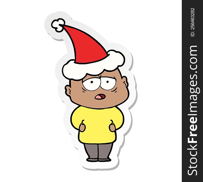 Sticker Cartoon Of A Tired Bald Man Wearing Santa Hat