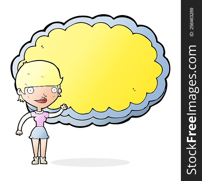 cartoon woman presenting cloud with space for text. cartoon woman presenting cloud with space for text