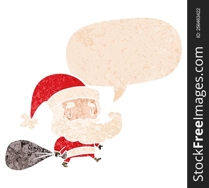 cartoon santa claus with sack and speech bubble in retro textured style