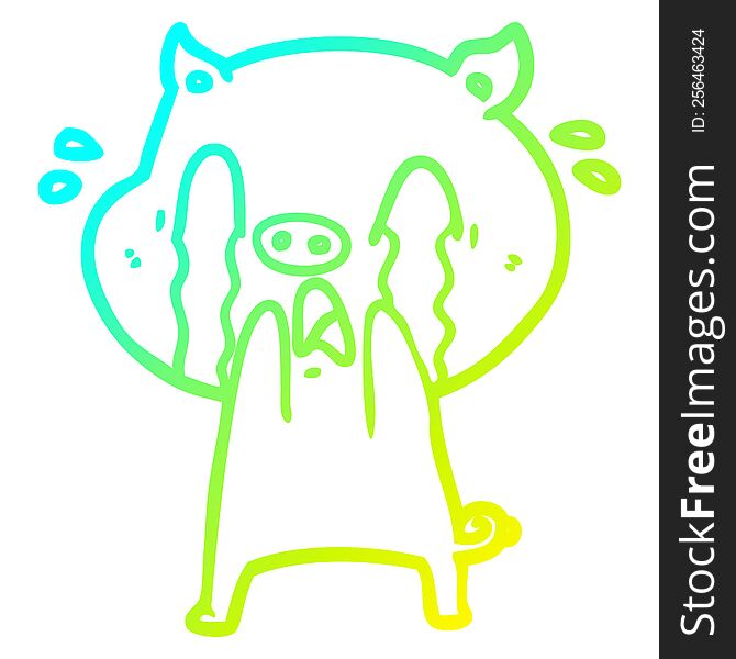 cold gradient line drawing of a crying pig cartoon