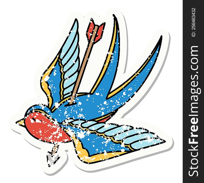 distressed sticker tattoo in traditional style of a swallow pierced by arrow. distressed sticker tattoo in traditional style of a swallow pierced by arrow