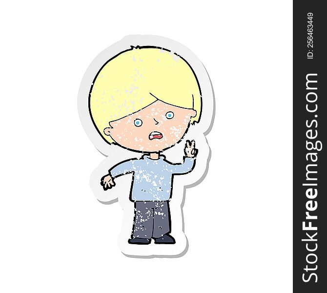 Retro Distressed Sticker Of A Cartoon Unhappy Boy Giving Peace Sign