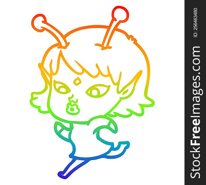 rainbow gradient line drawing pretty cartoon alien girl running